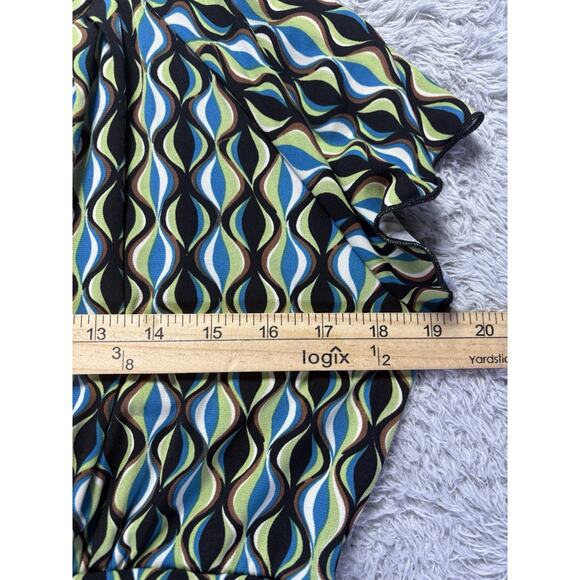 Vintage y2k Babydoll Top Small Black Green Geometric Tie Back V Neck Lettice Hem - Picture 7 of 10